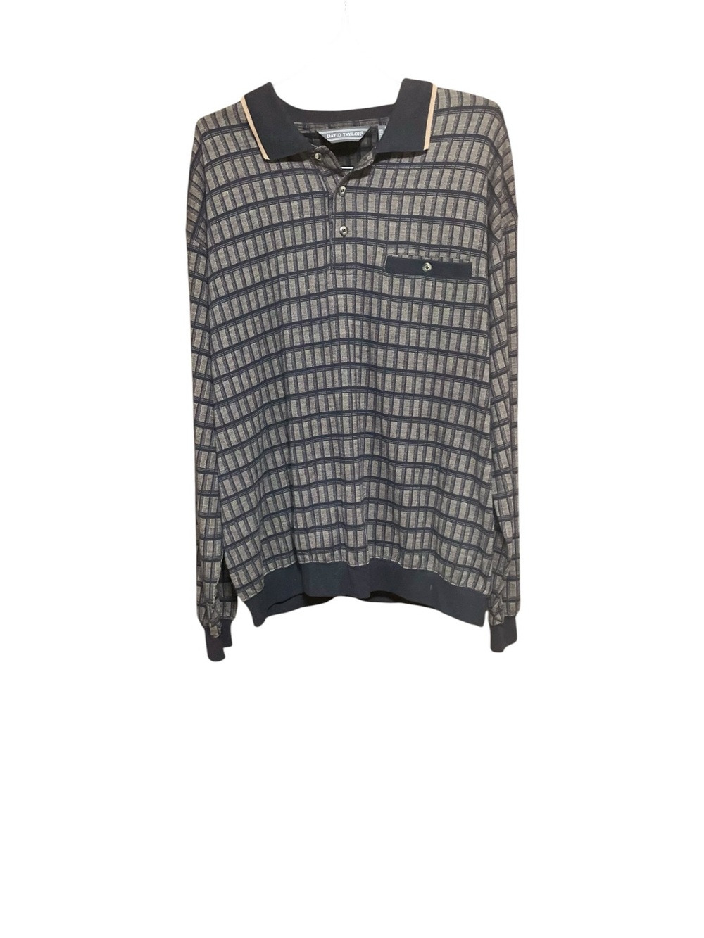 David Taylor Long-Sleeve Polo in Navy and Gray Grid